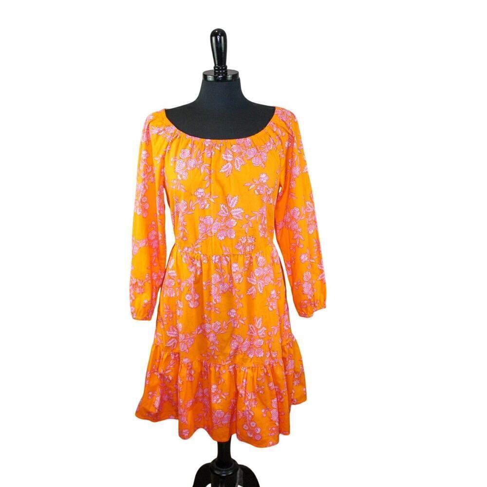 J Crew Floral Scoop Neck Dress Peasant Prairie Boho Hippie Orange Pink